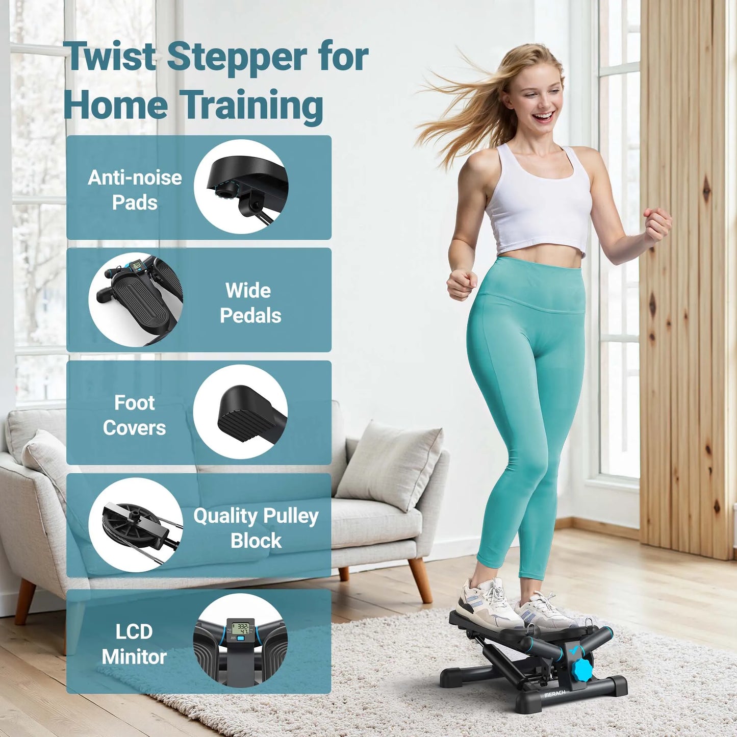 MERACH Mini Stepper for Exercise Twist Stair Stepper 330LBS Capacity Stepper Exercise Equipment with Resistance Band for Fitness