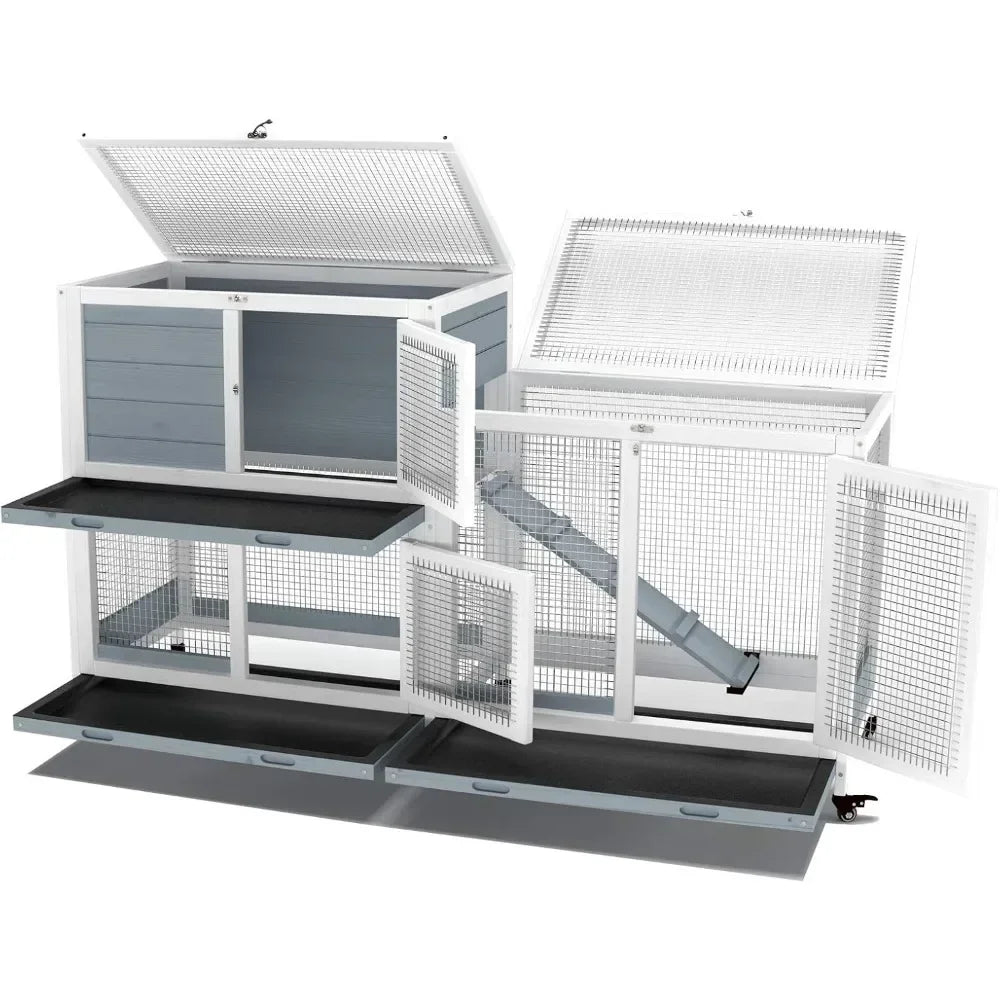 Two Floors 58" Wooden Indoor Bunny Hutch Rabbit Cage on Wheels Guinea Pig PET House for Small to Medium Animals