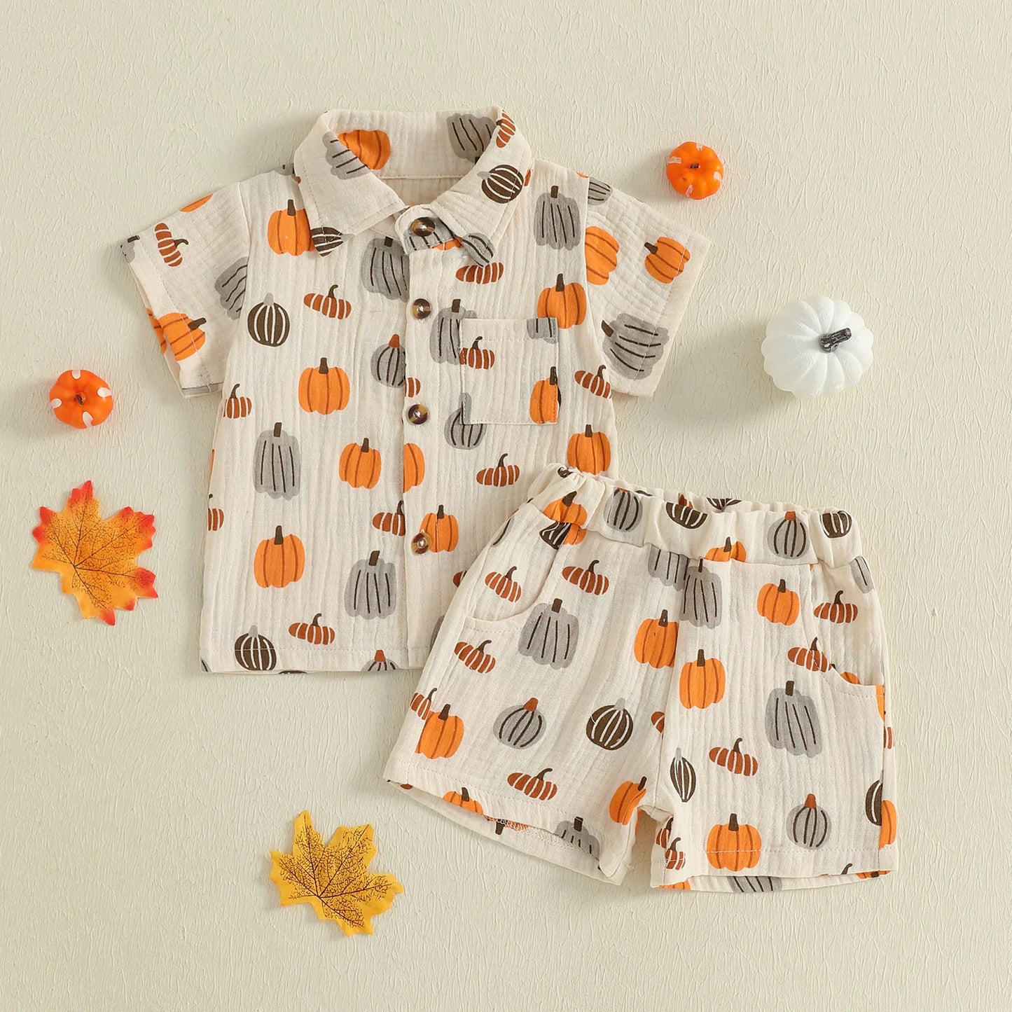 2025-05-09 Lioraitiin Baby Boys Halloween Outfits Pumpkin Print Button Short Sleeves T-Shirt and Elastic Shorts Set Clothes Set