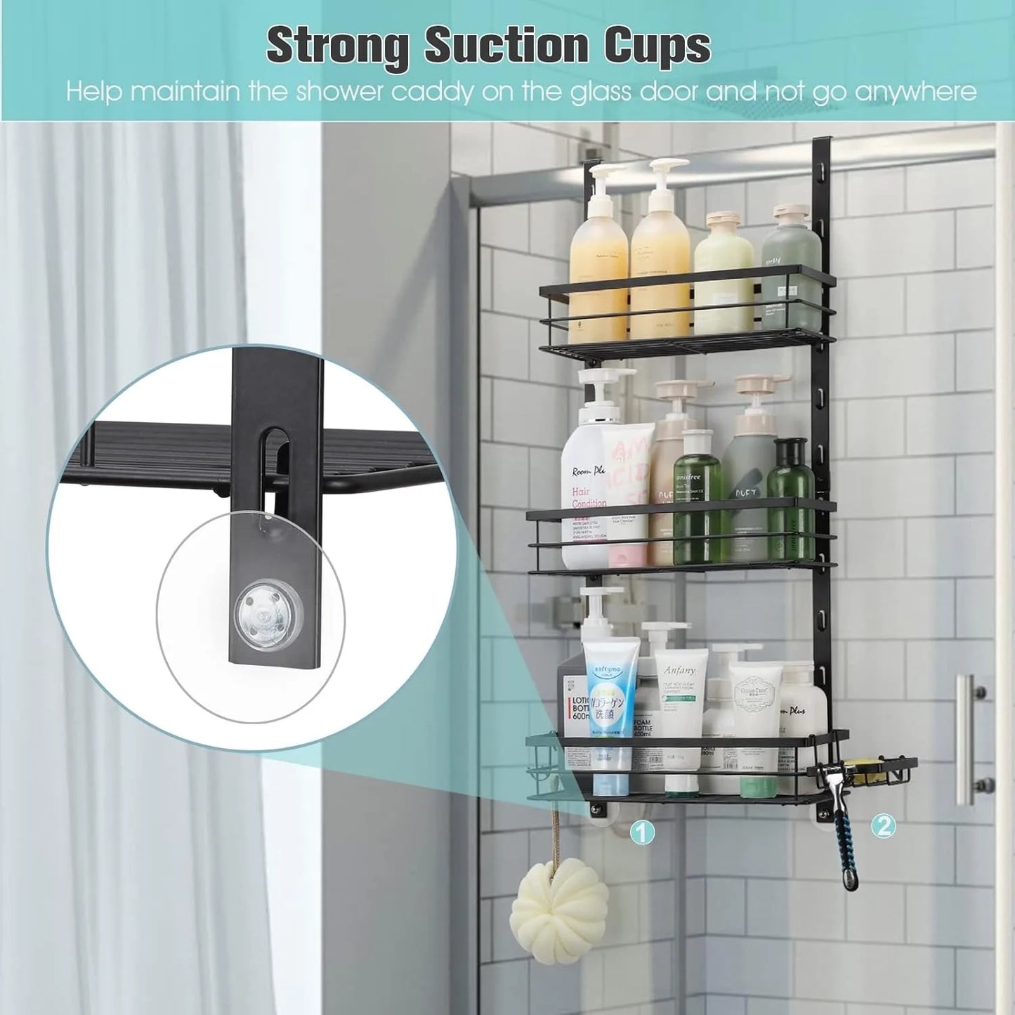 Adjustable Over-Door Shower Caddy Rack with Rustproof Shelves Hooks & Soap/Shampoo Holder for Bathroom Kitchen Storage - Black