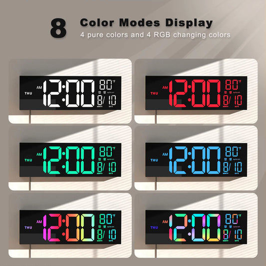 16" Large Digital Wall Clock, Big LED Display with Remote, 9 RGB Color, Alarm, DST, Temperature for Living Room, Kitchen