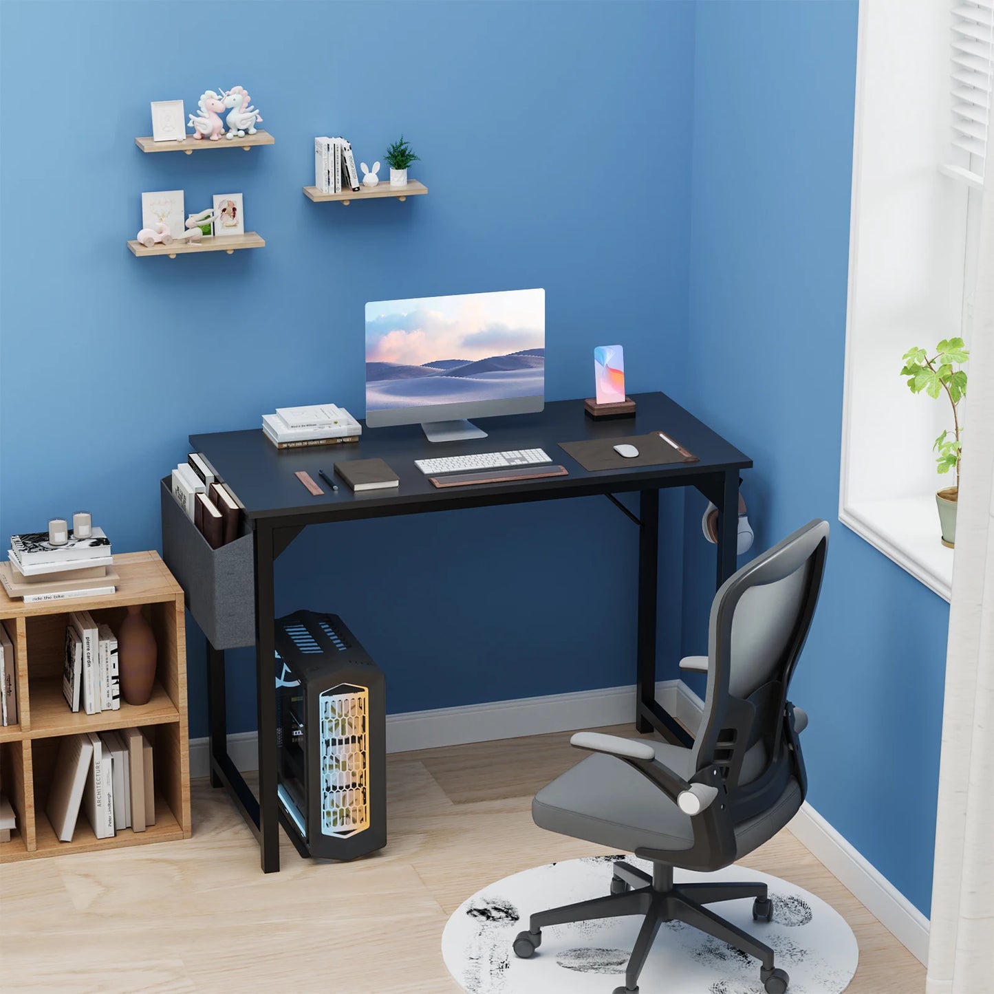 Computer Desk Gaming Table, Compact with Side Bag, Headphone Hooks