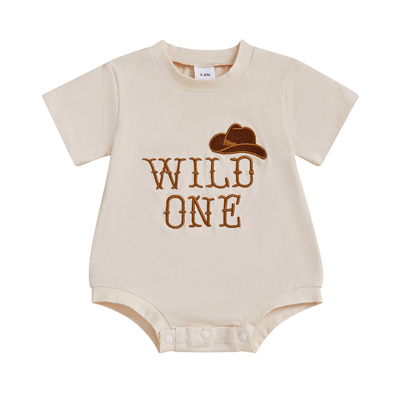 Infant Toddler Unisex Outfit with Short Sleeves and Round Neckline Featuring Embroidered Cowboy Hat and Western Theme