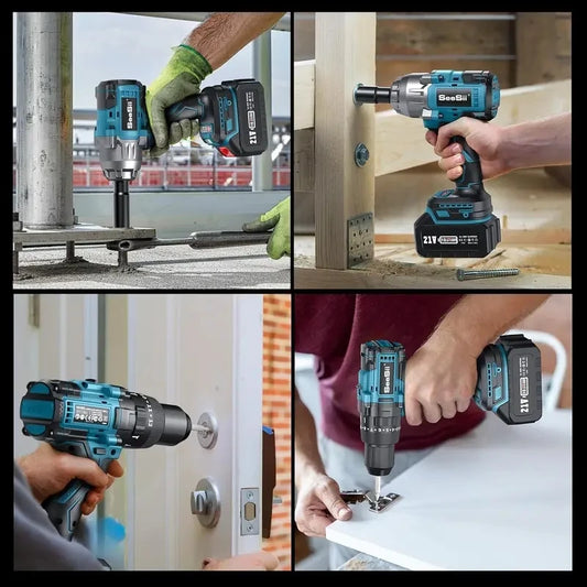 Seesii Cordless Impact Wrench and Drill Combo Kit 21V 800N.m 1/2" Impact Gun 1/2" 120N.m Brushless Power Impact Drill Battery