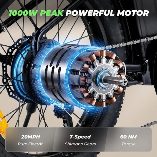 U7 Electric Bike for Adults, 20 mph Cargo Ebike 1000W Peak Adult Electric Bicycles, 55 Miles Range E Bike, 48V 10.4Ah