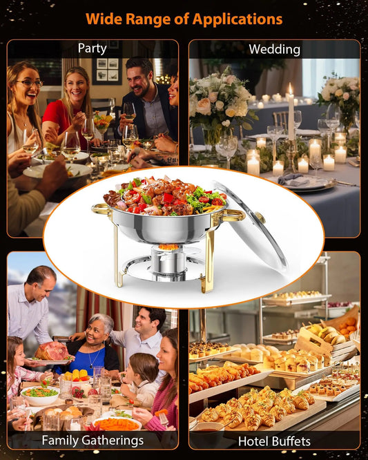 Chafing Dishes for Buffet, 6 Pack 5QT Round Stainless Steel Chafing Dish Set, Catering Food Warmer with Glass Lid & Holder