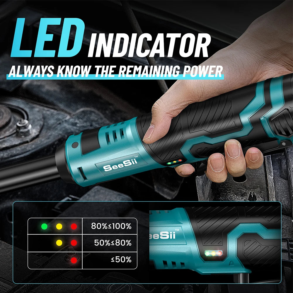SEESII 3/8"Cordless Electric Wrench 55Nm 6" Extended Ratchet Wrench 12V Rechargeable Angle Wrench Car Repair Tools w/2 Batteries