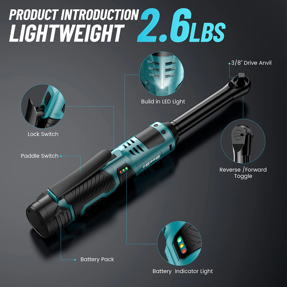 SEESII 3/8"Cordless Electric Wrench 55Nm 6" Extended Ratchet Wrench 12V Rechargeable Angle Wrench Car Repair Tools w/2 Batteries
