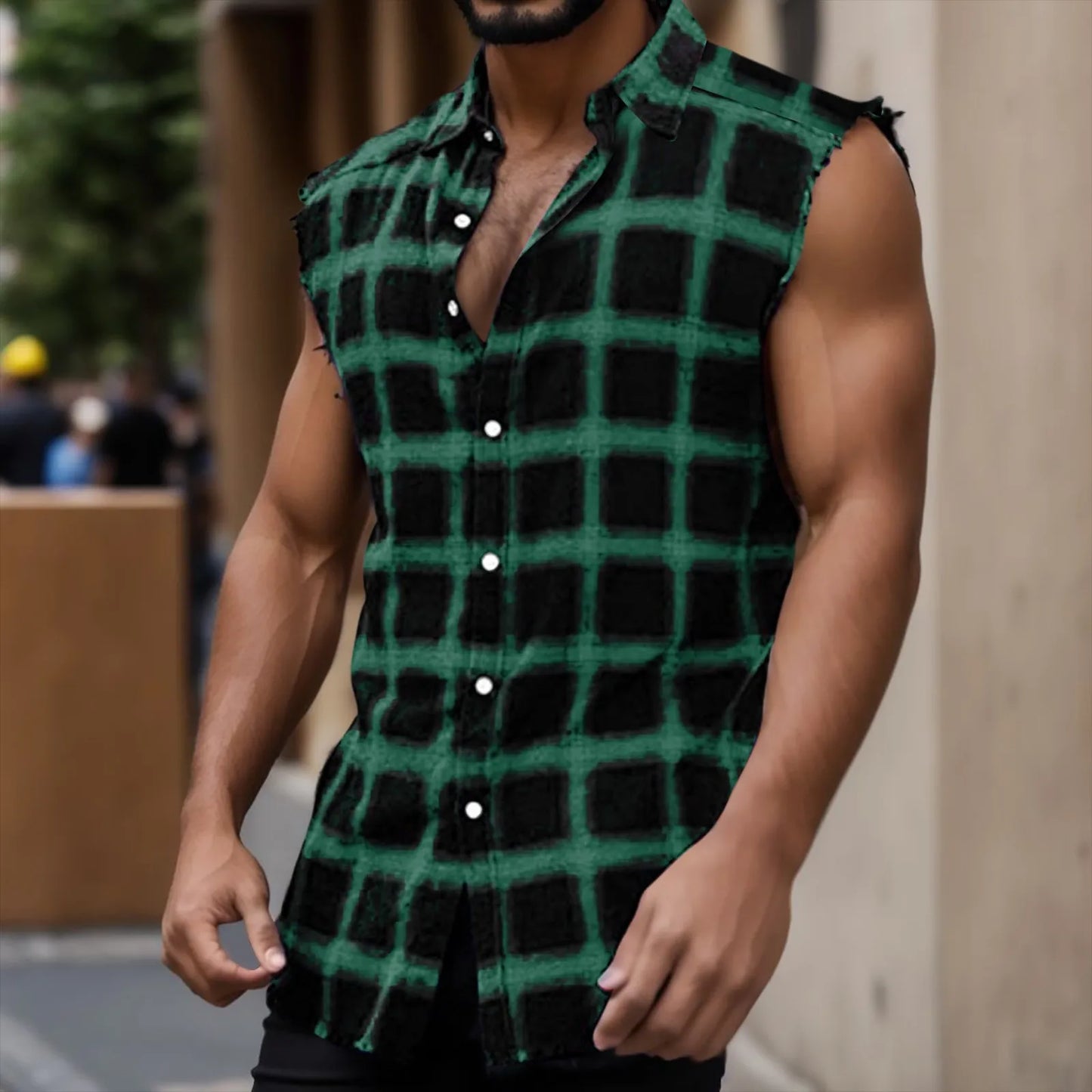 Tank Top For Men Casual Mens Summer Fashion Casual Plaid Print Sanding Sleeveless T Shirt Vest Regata Masculina