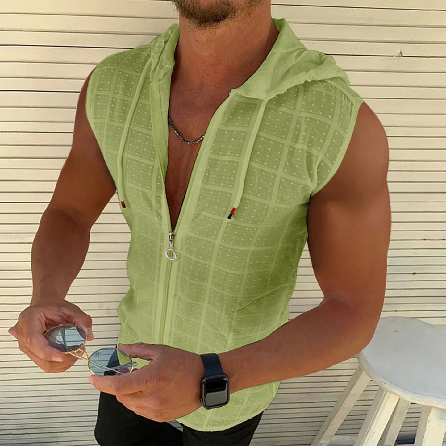 Sports Mesh Tank Top For Boys Mens Hooded Zipper Cardigan T Shirt Summer Fashion Plaid Sleeveless T Shirt Mens 한국인 리뷰 많은 옷 여름