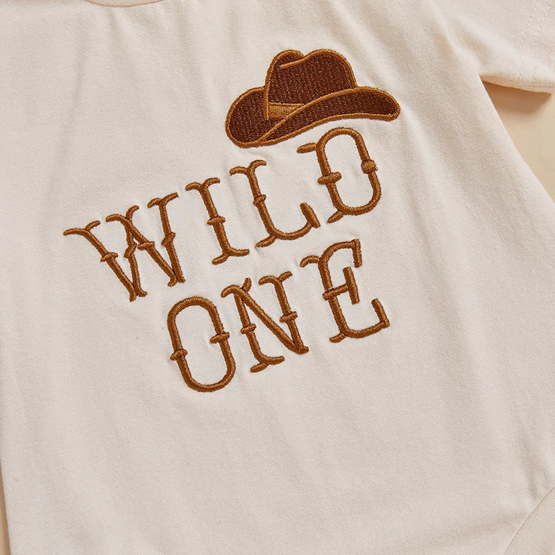 Infant Toddler Unisex Outfit with Short Sleeves and Round Neckline Featuring Embroidered Cowboy Hat and Western Theme
