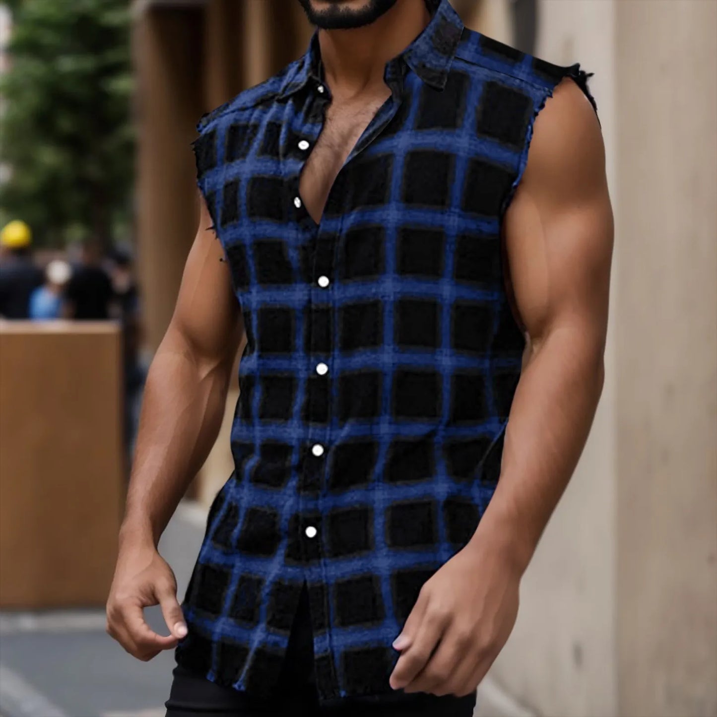 Tank Top For Men Casual Mens Summer Fashion Casual Plaid Print Sanding Sleeveless T Shirt Vest Regata Masculina