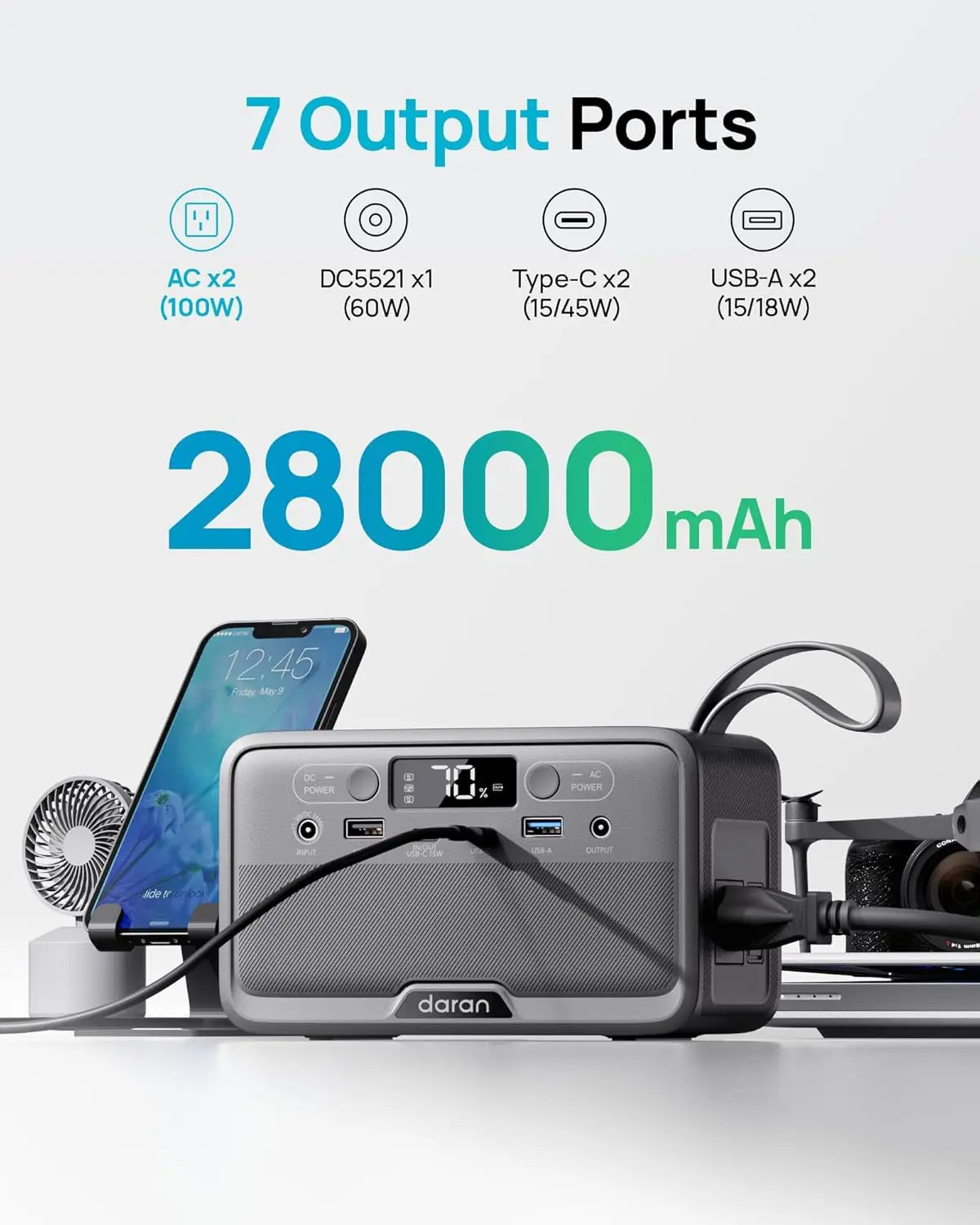 Portable Power Station 28,000mAh LiFePO4 Battery 100W Solar Generator with AC Outlets & Fast Charging for Home Camping