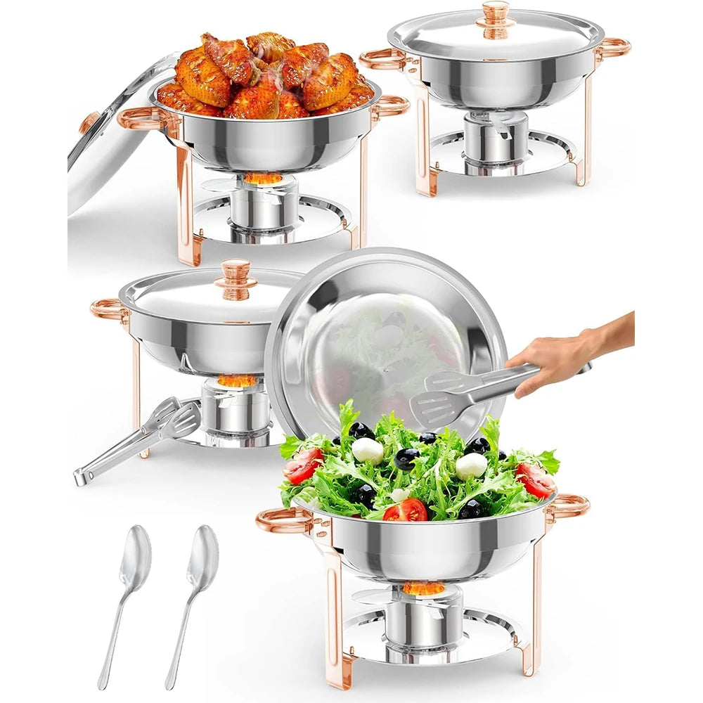 Chafing Dishes for Buffet, 6 Pack 5QT Round Stainless Steel Chafing Dish Set, Catering Food Warmer with Glass Lid & Holder