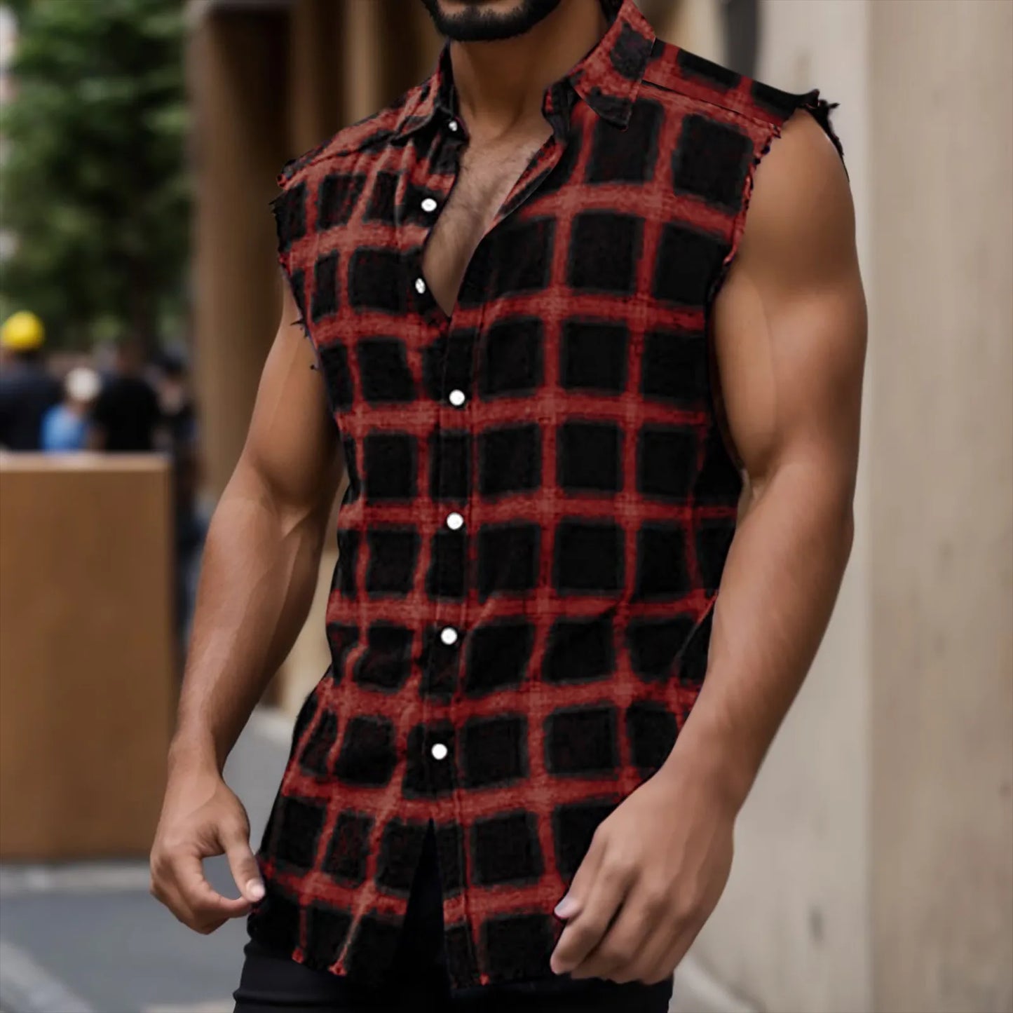 Tank Top For Men Casual Mens Summer Fashion Casual Plaid Print Sanding Sleeveless T Shirt Vest Regata Masculina