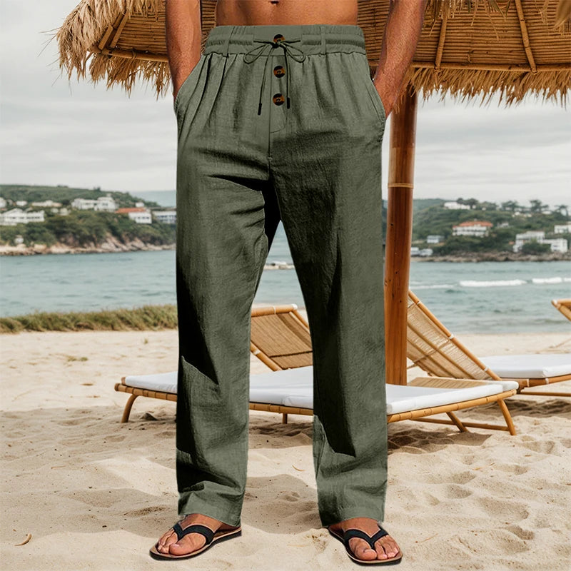 Mens Wrinkle Cotton Loose Straight Leg Pants Three Buttons Placket Elastic Drawstring Waist Pocket Design Thin Summer Coastal Resort Daily Casual Long Trousers