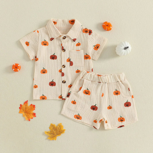 2025-05-09 Lioraitiin Baby Boys Halloween Outfits Pumpkin Print Button Short Sleeves T-Shirt and Elastic Shorts Set Clothes Set