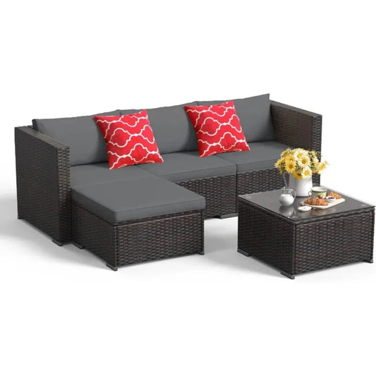 Outdoor Garden Furniture Set All Weather Outdoor Sofa PE Garden Furniture Wicker Rattan Garden Reception Set (Gray)