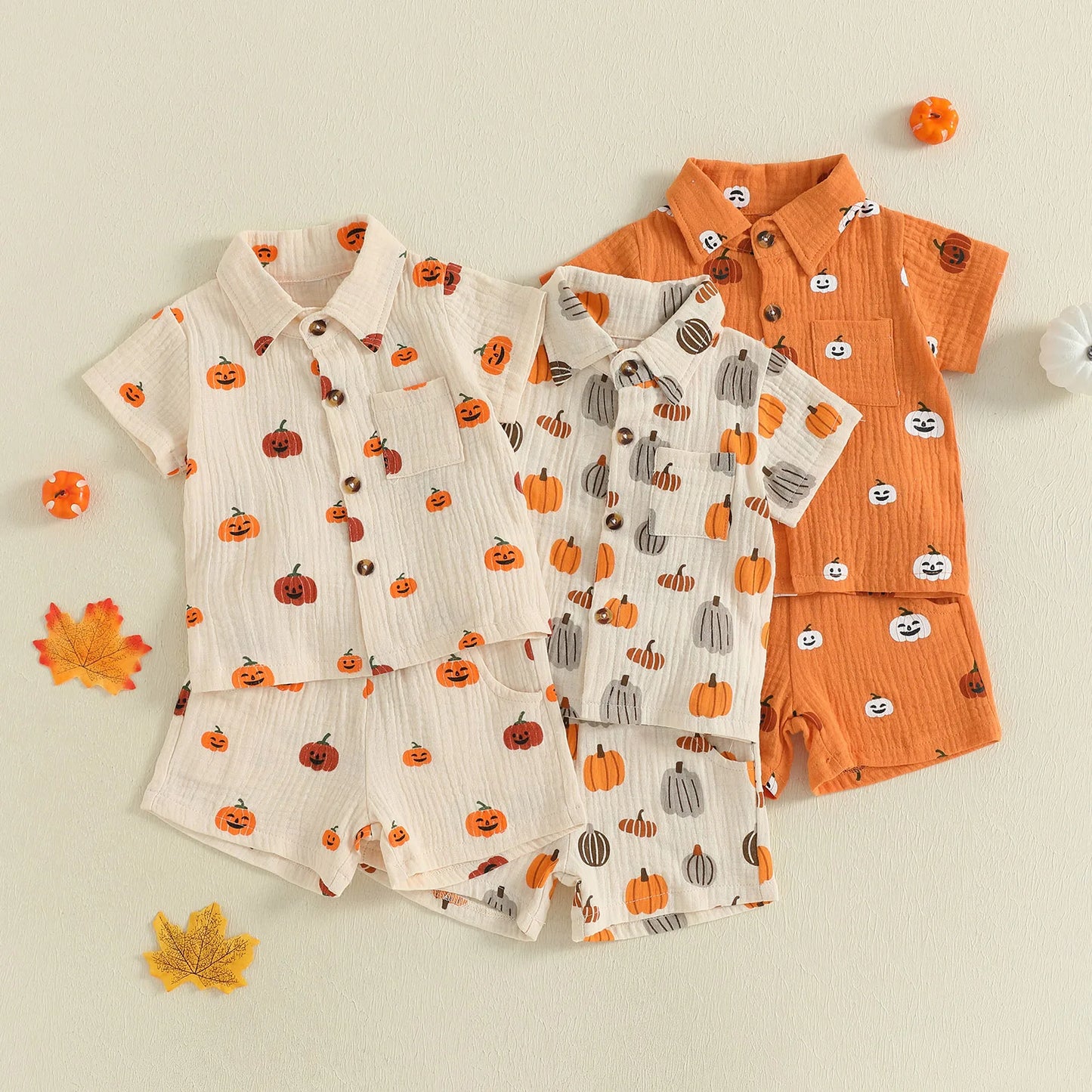 2025-05-09 Lioraitiin Baby Boys Halloween Outfits Pumpkin Print Button Short Sleeves T-Shirt and Elastic Shorts Set Clothes Set