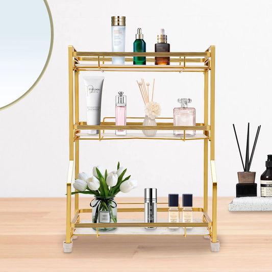 3 Tier Bathroom Countertop Organizer, Gold Bathroom Vanity Counter Organizer with Small Storage Basket for Skincare Makeup