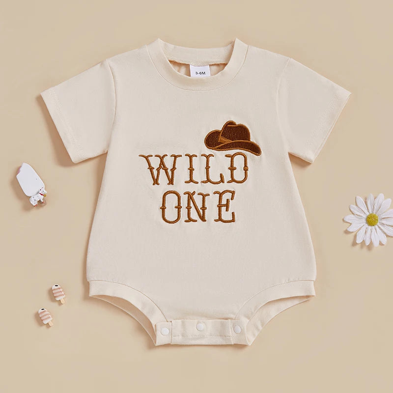 Infant Toddler Unisex Outfit with Short Sleeves and Round Neckline Featuring Embroidered Cowboy Hat and Western Theme