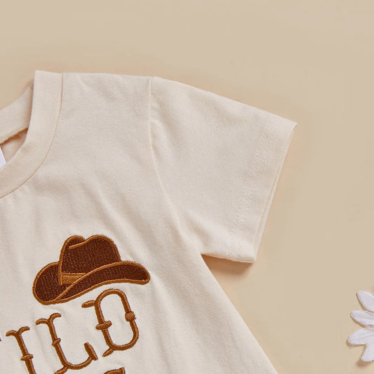 Infant Toddler Unisex Outfit with Short Sleeves and Round Neckline Featuring Embroidered Cowboy Hat and Western Theme