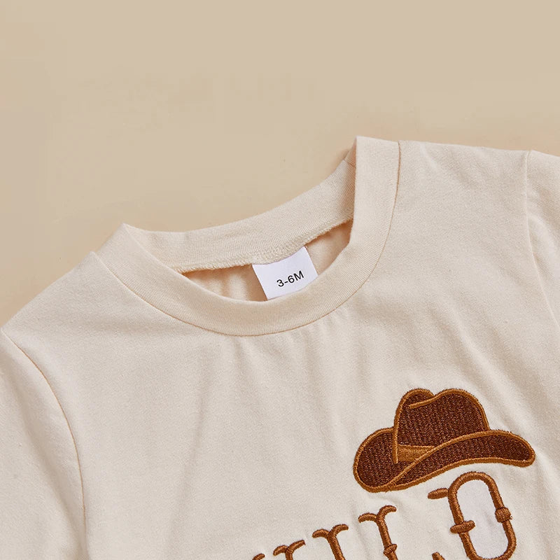Infant Toddler Unisex Outfit with Short Sleeves and Round Neckline Featuring Embroidered Cowboy Hat and Western Theme