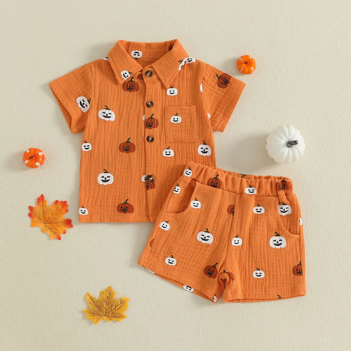 2025-05-09 Lioraitiin Baby Boys Halloween Outfits Pumpkin Print Button Short Sleeves T-Shirt and Elastic Shorts Set Clothes Set