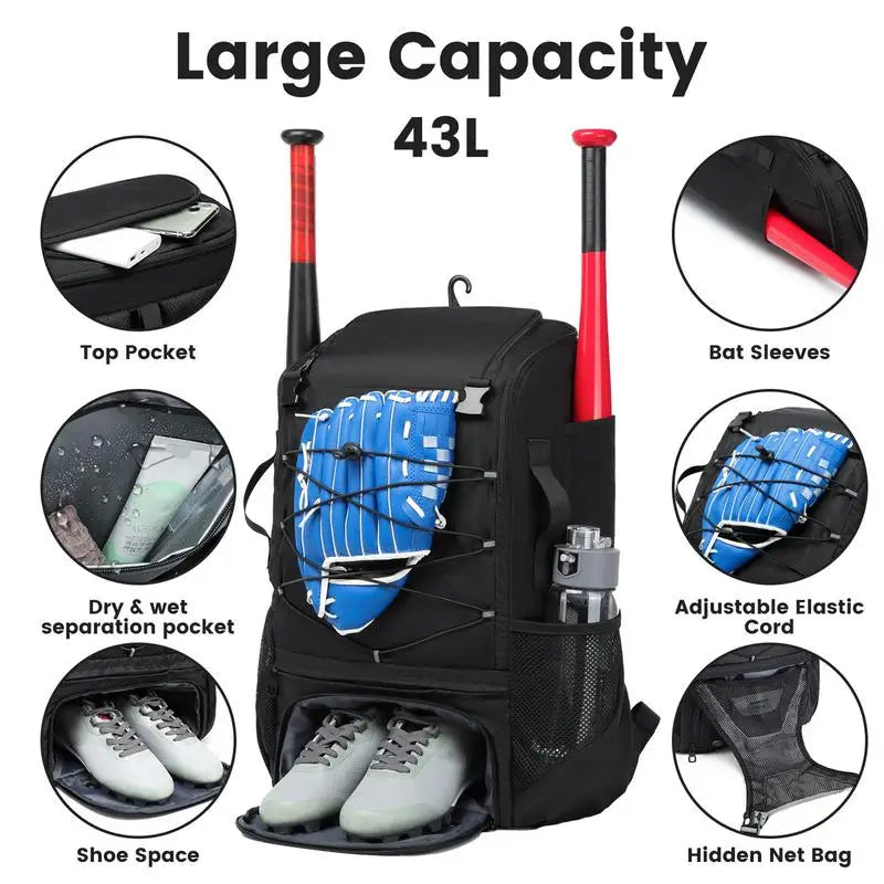 Bat Bags Baseball Baseball & Softball Equipment Bag Softball Bat Bag With Shoe Compartment & Fence Hook Holds Bat Gloves Helmets