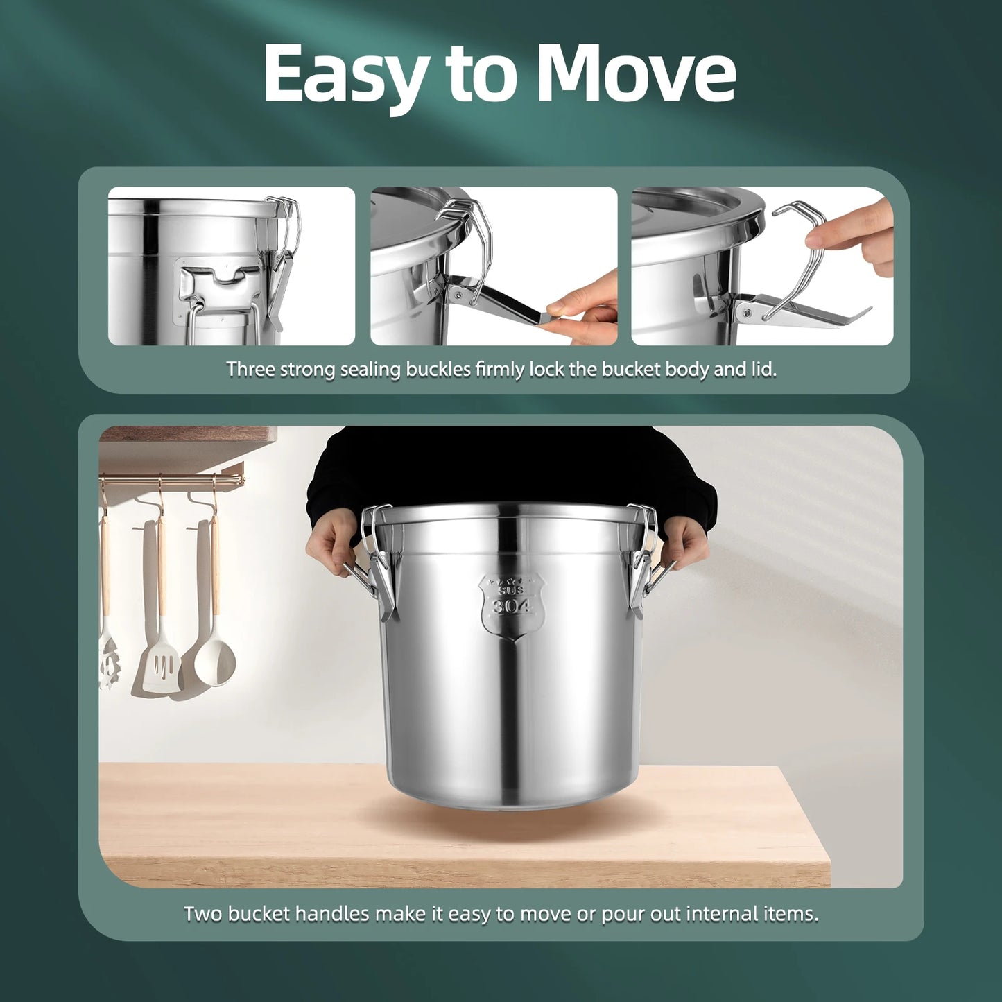 304 Stainless Steel 21L/33L Airtight Canister Household Kitchen Food Grain Rice Sealed Storage Bucket Food-grade Container
