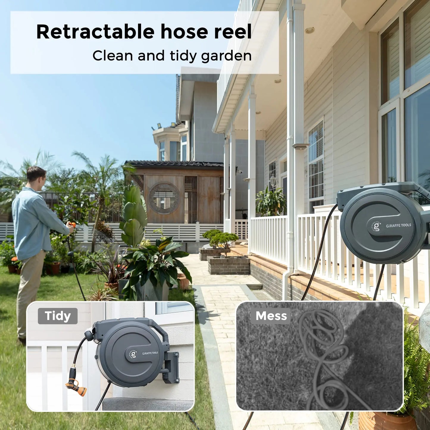 Giraffe Tools AW25 Garden Hose Reel 1/2'' 78ft, Heavy Duty Retractable Garden Hose Reel