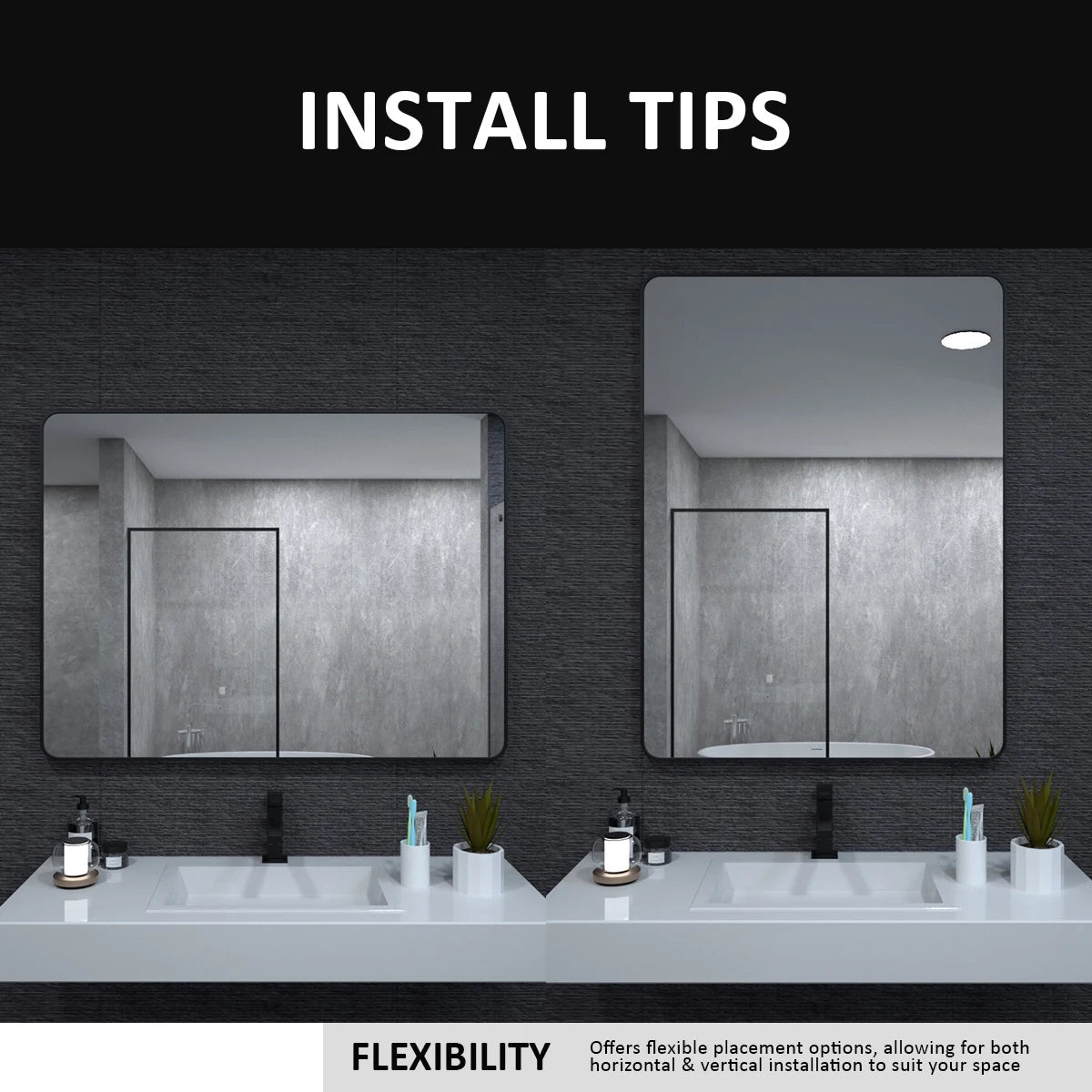 Aluminum Framed Matte Black Rectangle Bathroom Wall Mirror, Anti-Rust, Tempered Glass mirrors, Hangs Horizontally or Vertically