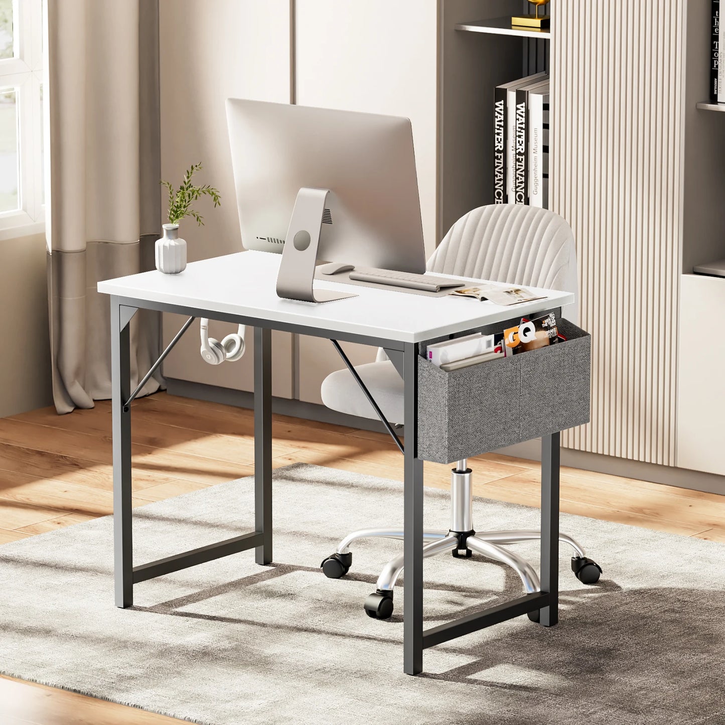 Computer Desk Gaming Table, Compact with Side Bag, Headphone Hooks
