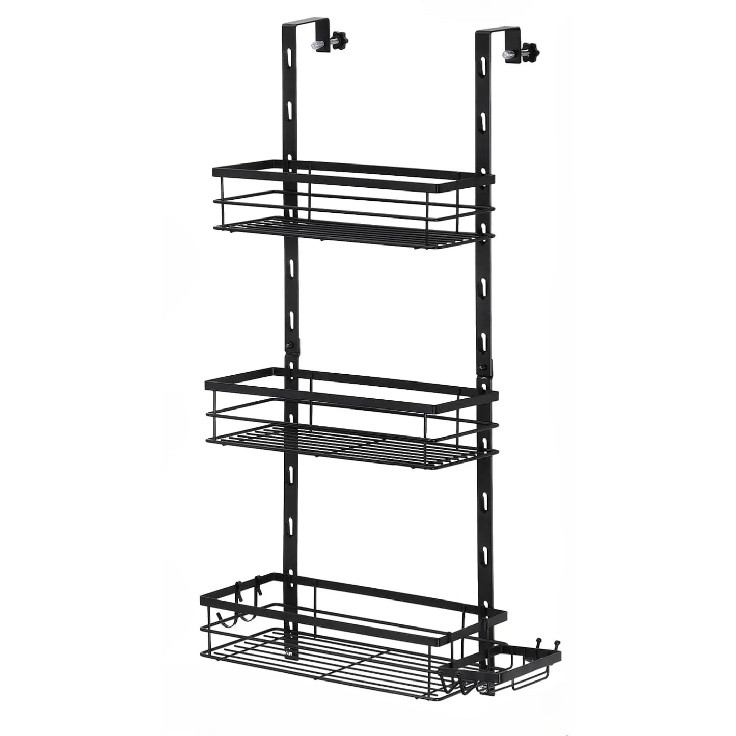 Adjustable Over-Door Shower Caddy Rack with Rustproof Shelves Hooks & Soap/Shampoo Holder for Bathroom Kitchen Storage - Black