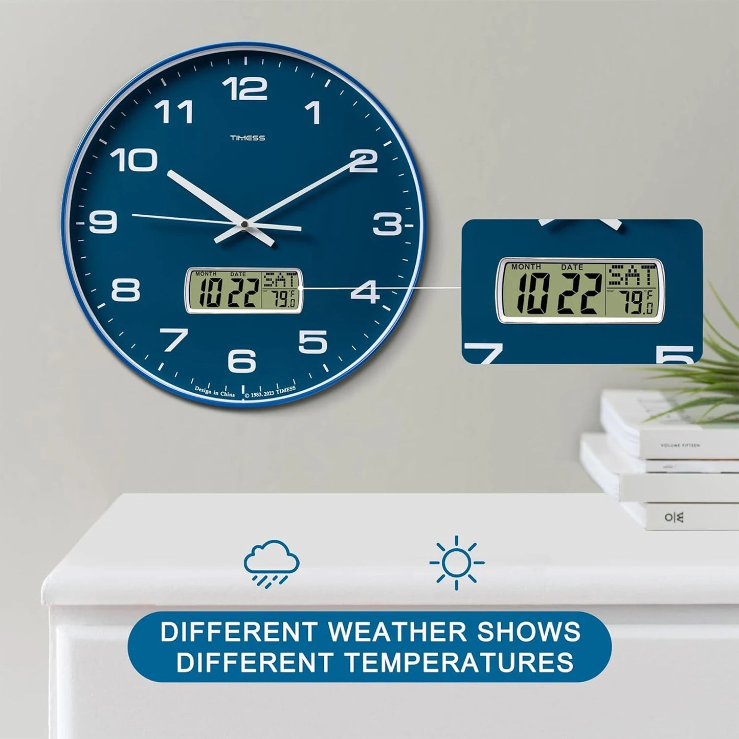 TIMESS Calendar Wall Clock,3 Sizes 4 Colors Optional with Calendar and Temperature Display,battery Operated Wall Clock.