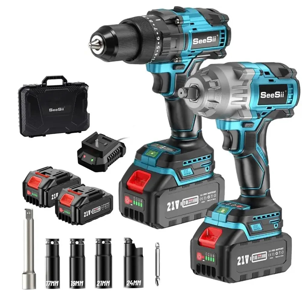 Seesii Cordless Impact Wrench and Drill Combo Kit 21V 800N.m 1/2" Impact Gun 1/2" 120N.m Brushless Power Impact Drill Battery