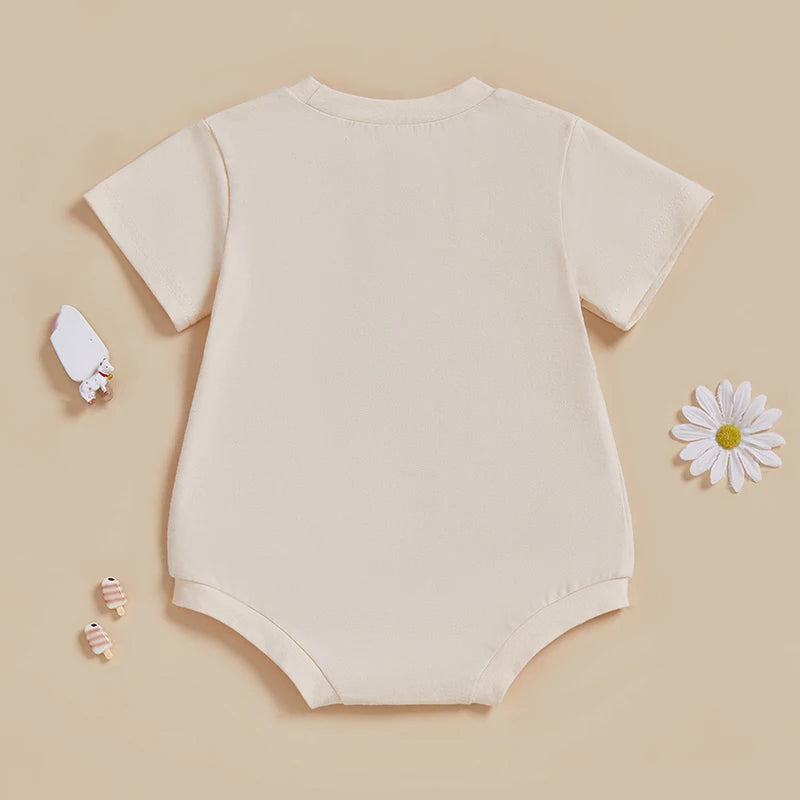 Infant Toddler Unisex Outfit with Short Sleeves and Round Neckline Featuring Embroidered Cowboy Hat and Western Theme