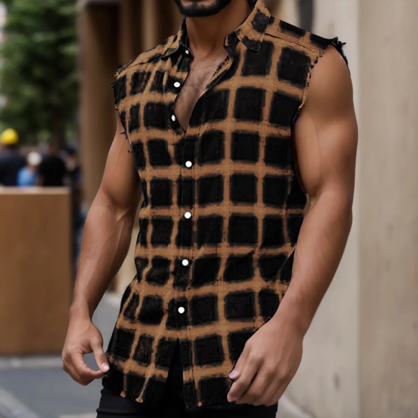 Tank Top For Men Casual Mens Summer Fashion Casual Plaid Print Sanding Sleeveless T Shirt Vest Regata Masculina