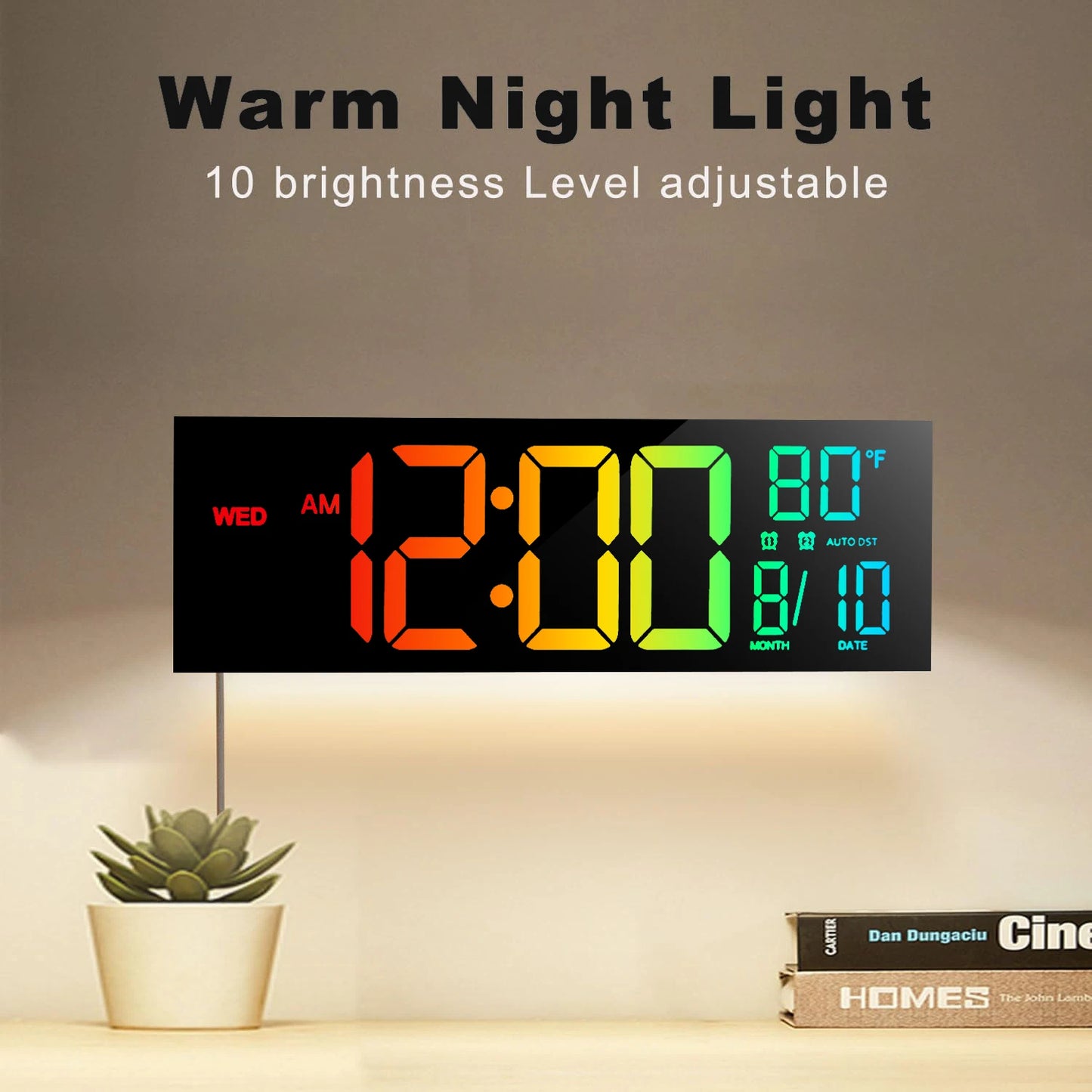 16" Large Digital Wall Clock, Big LED Display with Remote, 9 RGB Color, Alarm, DST, Temperature for Living Room, Kitchen