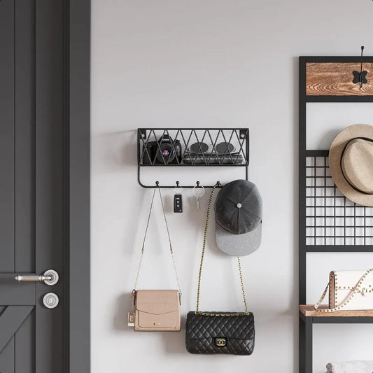 Entryway Mail Holder with Key Hooks 11.0" L×2.6" W×5.1" H Wall Mounted Matte Black Metal Wire Mesh Storage Basket with 5 Hooks