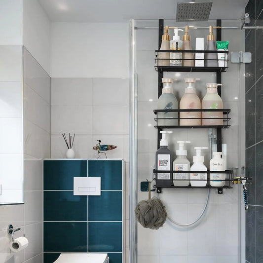 Adjustable Over-Door Shower Caddy Rack with Rustproof Shelves Hooks & Soap/Shampoo Holder for Bathroom Kitchen Storage - Black