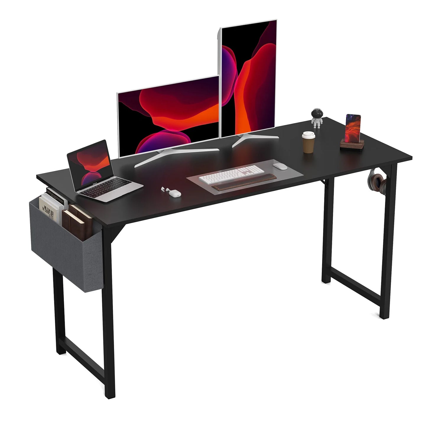 Computer Desk Gaming Table, Compact with Side Bag, Headphone Hooks
