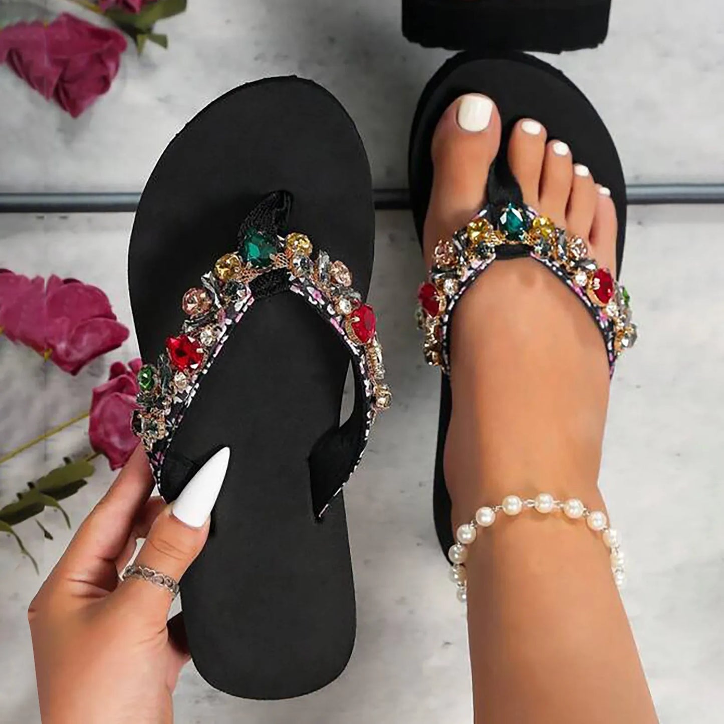 Platform Sandals Crystal Bohemian Sandals For Women Summer Soft Comfortable Bottom Flat