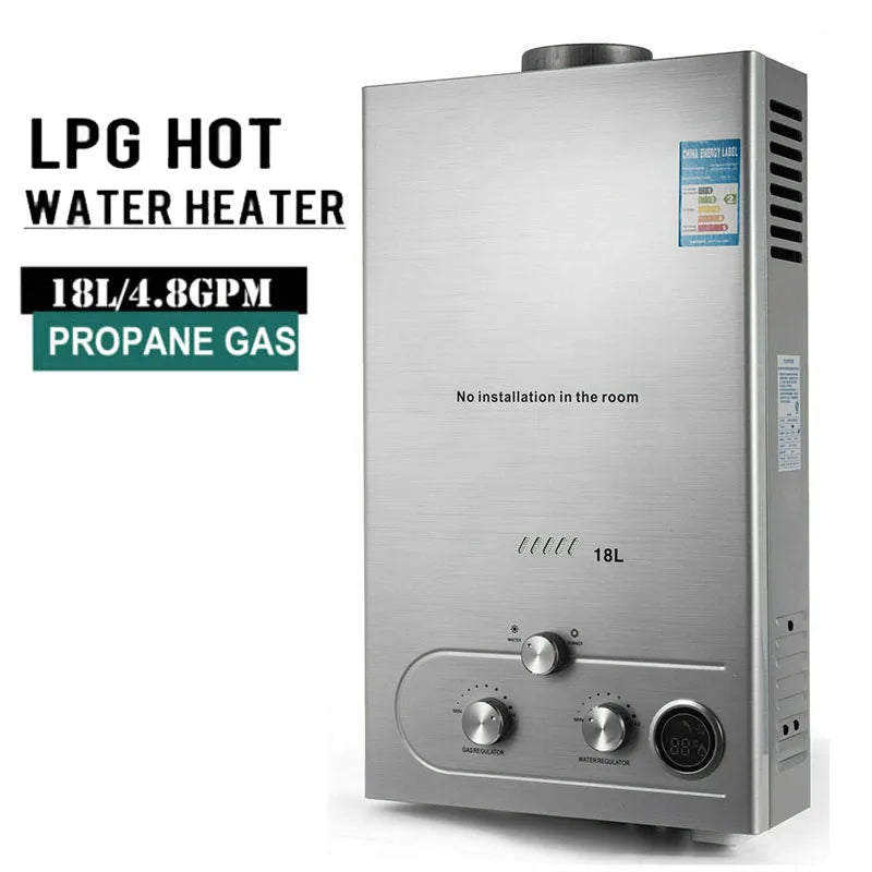 18L Hot Water Heater Propane Gas LPG/LNG On-Demand Tankless Water Heater Digital Home Bathroom Shower Head Instant Boiler Heater