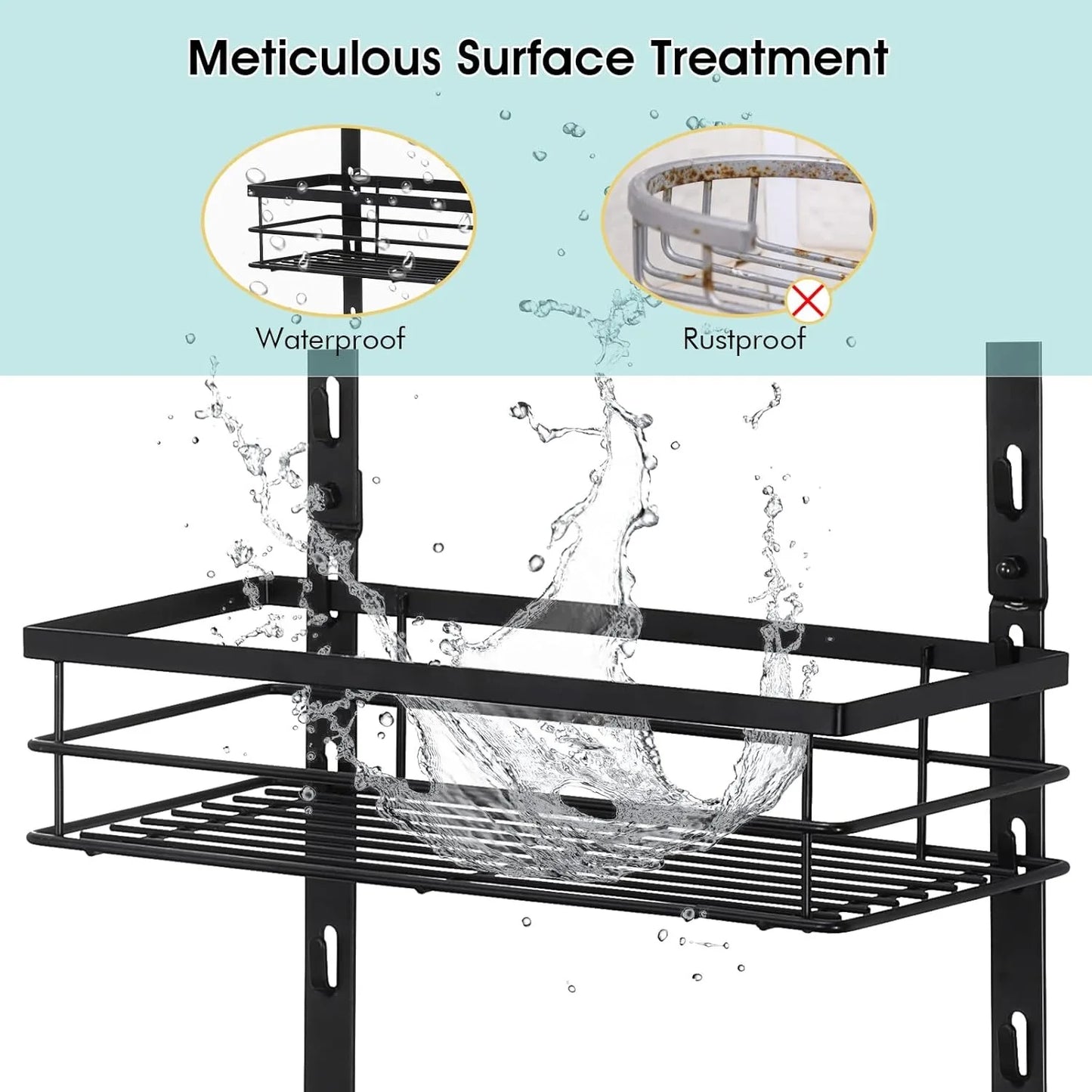 Adjustable Over-Door Shower Caddy Rack with Rustproof Shelves Hooks & Soap/Shampoo Holder for Bathroom Kitchen Storage - Black