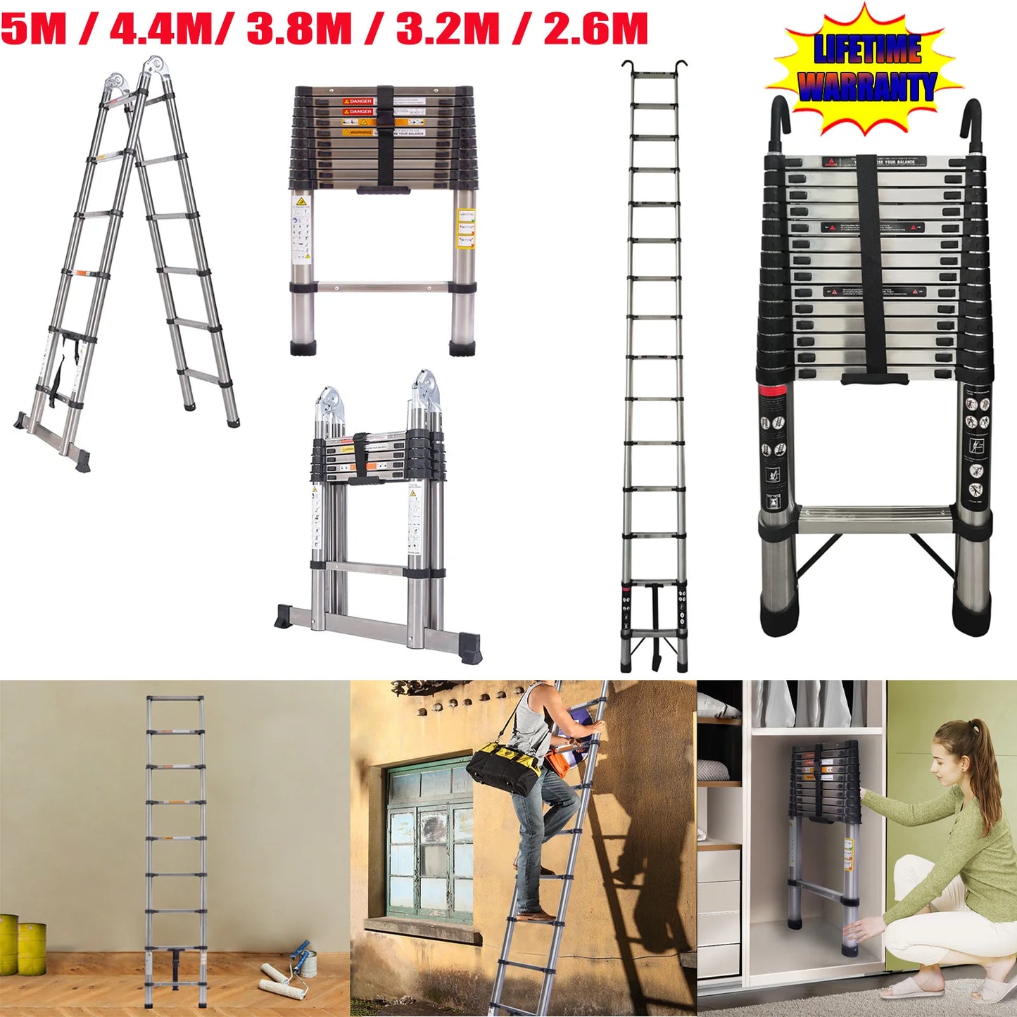 DayPlus Telescoping Ladder Stainless Steel Capacity Max Load 150kg/330lb Portable and foldable