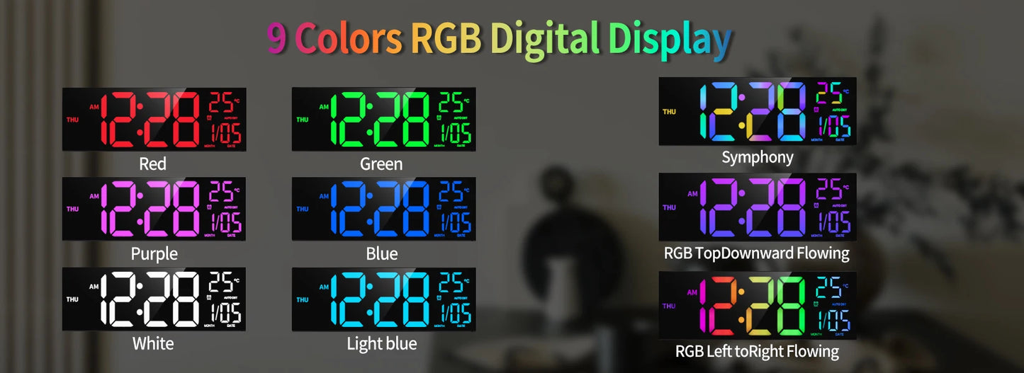 16" Large Digital Wall Clock, Big LED Display with Remote, 9 RGB Color, Alarm, DST, Temperature for Living Room, Kitchen