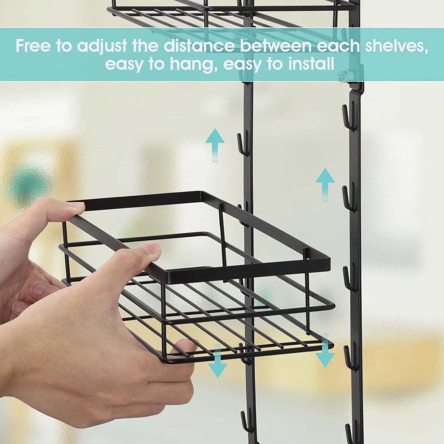 Adjustable Over-Door Shower Caddy Rack with Rustproof Shelves Hooks & Soap/Shampoo Holder for Bathroom Kitchen Storage - Black