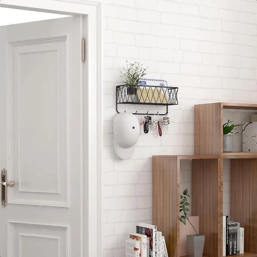 Entryway Mail Holder with Key Hooks 11.0" L×2.6" W×5.1" H Wall Mounted Matte Black Metal Wire Mesh Storage Basket with 5 Hooks
