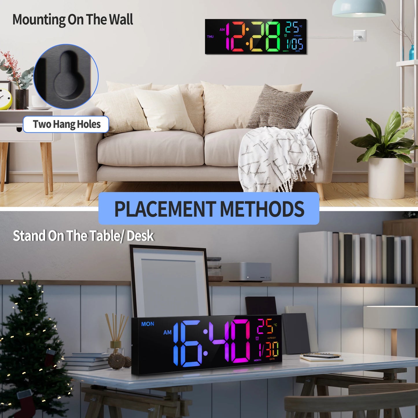 16" Large Digital Wall Clock, Big LED Display with Remote, 9 RGB Color, Alarm, DST, Temperature for Living Room, Kitchen